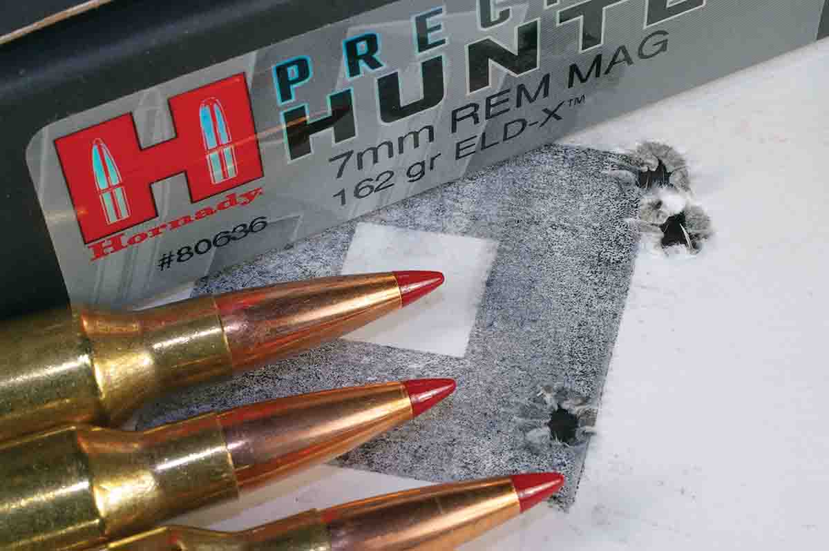 An X-Bolt Hell’s Canyon Speed 7mm Remington Magnum produced this group at 100 yards with Hornady Precision Hunter ammunition loaded with 162-grain ELD-X bullets.